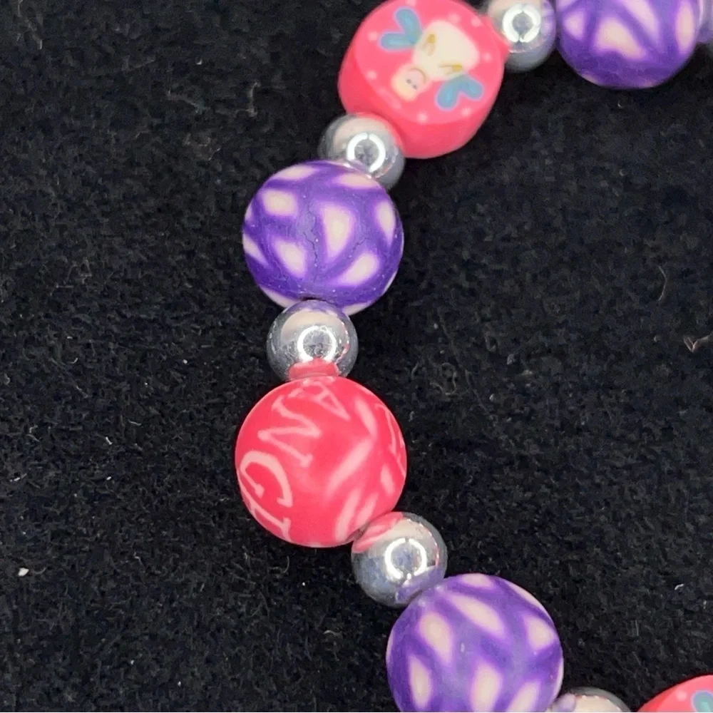 Vintage 90s Children’s Bracelet Neon Pink Angel Image Purple Accent 6” Length